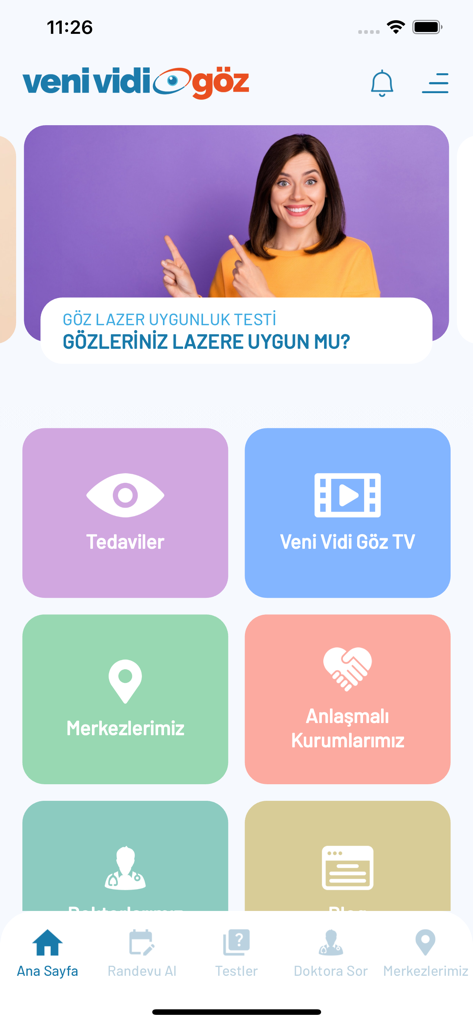 Veni Vidi Göz - Pantalla de inicio de la aplicación móvil Veni Vidi Goz mostrando pruebas de salud ocular y servicios médicos