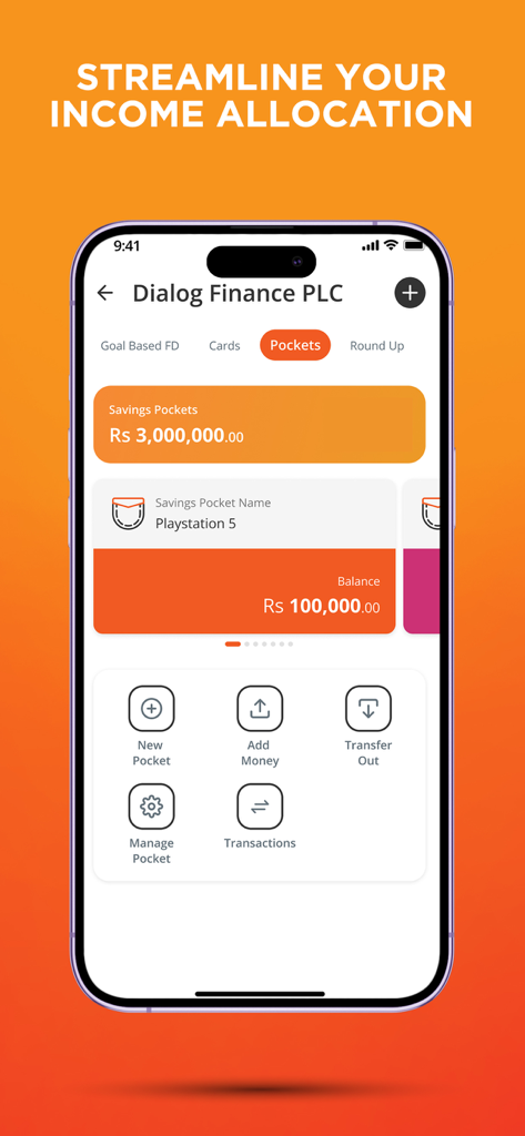 Genie - Genie mobile app screen displaying savings pockets for financial goal setting and income allocation.