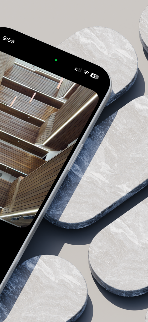 Zerocam | Anti-AI Camera - Un iPhone que muestra una fotografía arquitectónica natural utilizando la aplicación Zerocam sobre un fondo de mármol minimalista.