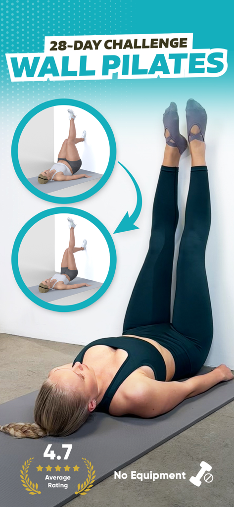 Frau macht Wall-Pilates-Übungen für eine 28-tägige Fitness-Challenge