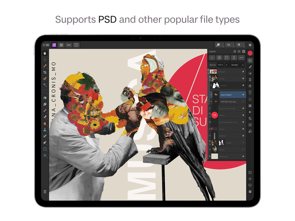 Interfaz de Affinity Photo 2 en iPad mostrando gestión profesional de capas y soporte de archivos PSD.