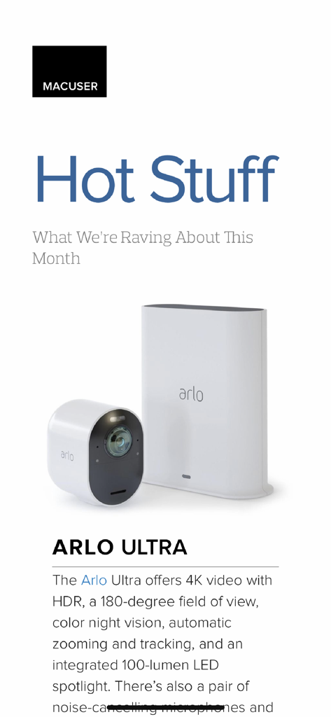 Una página de reseña de producto para la cámara Arlo Ultra que aparece en la sección "Hot Stuff" de la aplicación Macworld Revista Digital.
