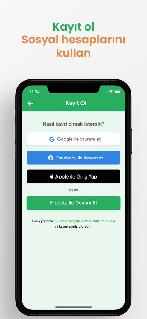 Kazanım Cepte: Yıllık Planlar - Registrierungsbildschirm für die Kazanım Cepte-App mit Optionen zur Anmeldung über Google, Facebook, Apple oder E-Mail