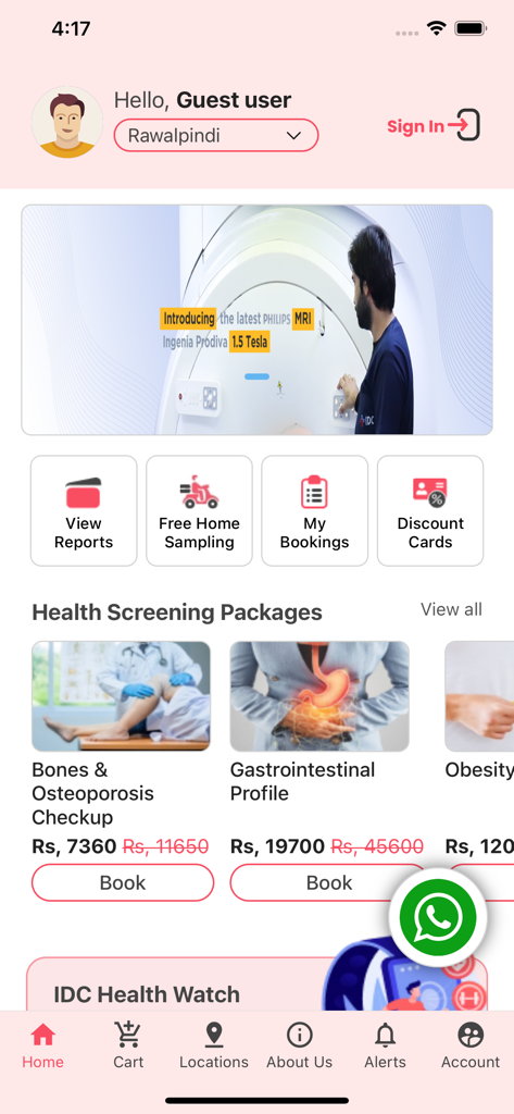 My IDC - Dashboard of the My IDC app featuring health screening packages and medical report access