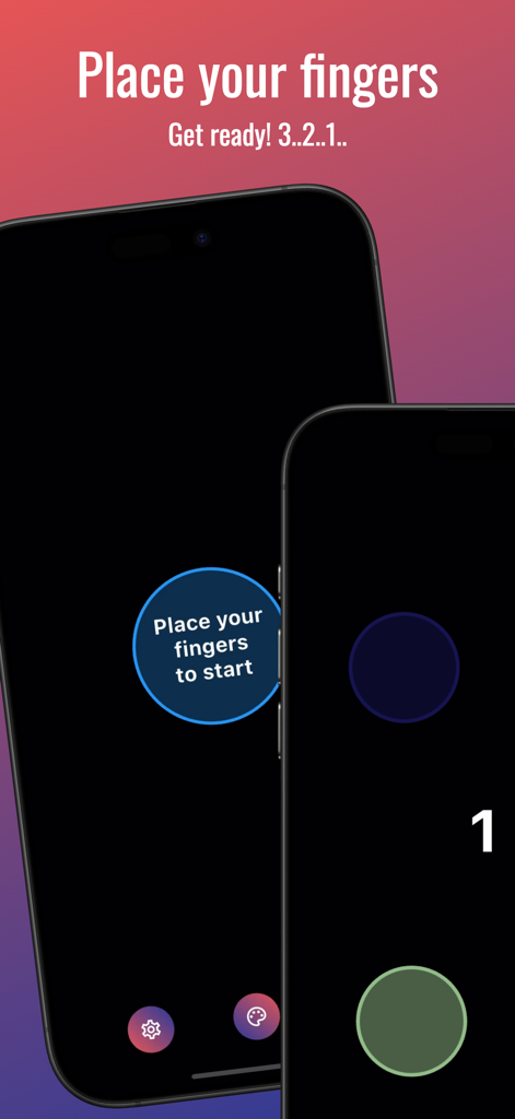 Finger Picker - Fun Chooser - Una interfaz de aplicación móvil que muestra instrucciones para que los usuarios coloquen sus dedos en la pantalla para iniciar una cuenta regresiva de selección aleatoria