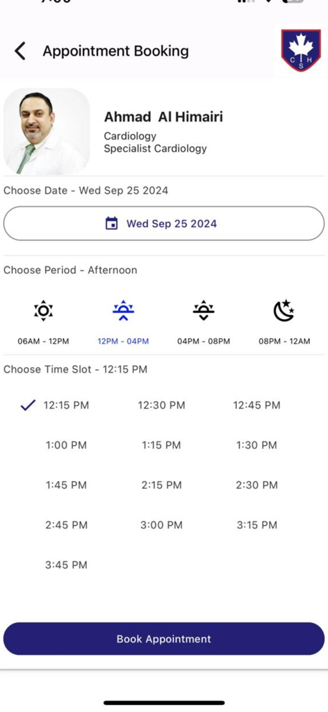 Tela de agendamento de consultas para o Canadian Specialist Hospital mostrando detalhes do médico e seleção de horário