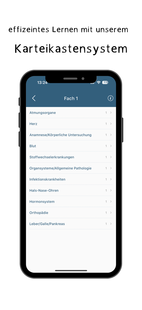 ikreawi 2.0 - Smartphone screen showing a list of medical study topics within the ikreawi flashcard system