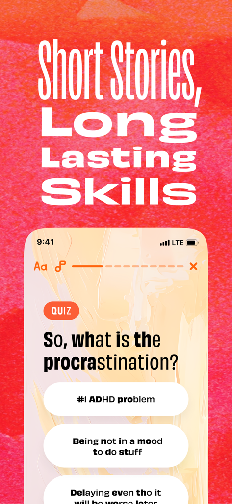 Numo: Cringe-Free ADHD App - Screenshot of the Numo ADHD app showing an interactive quiz about procrastination with a vibrant design and catchy header.