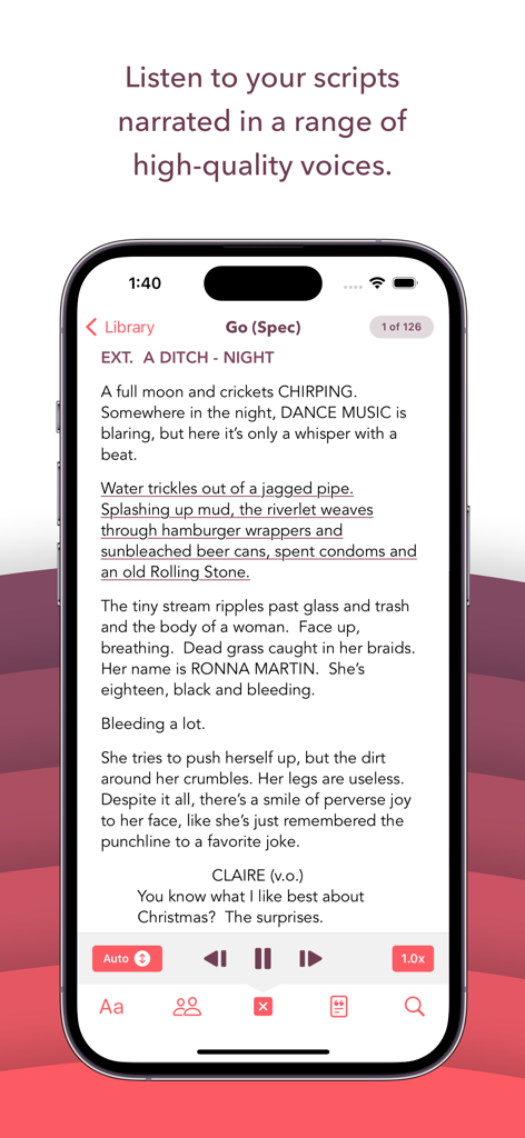 iPhone displaying the Weekend Read 2 app with the read aloud feature for screenplays