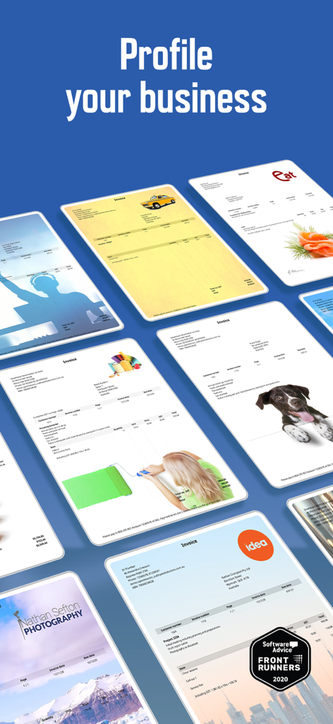 Variedad de plantillas de facturas profesionales con fondos y logotipos personalizables.