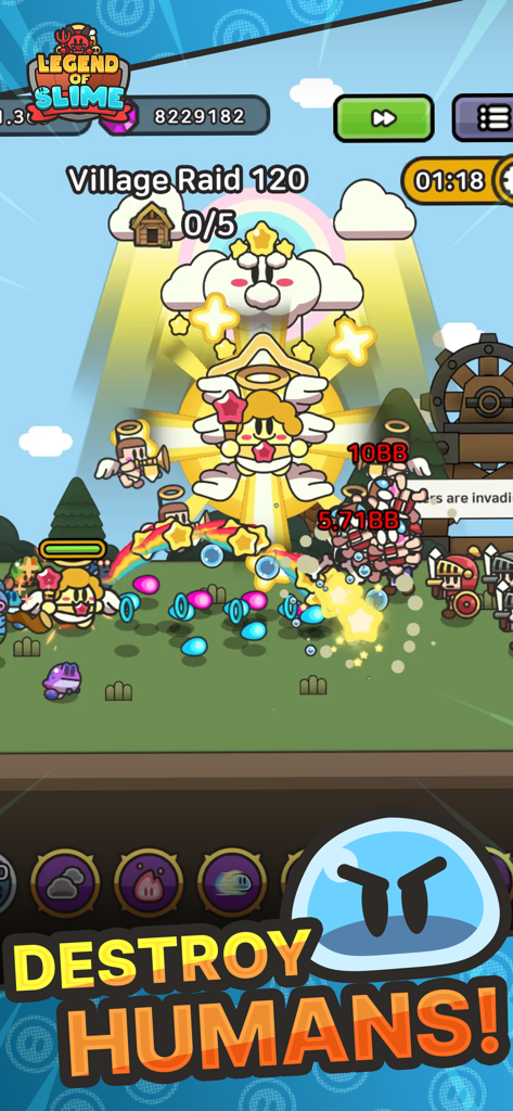 Legend of Slime: Idle RPG - Uma tela vibrante de batalha de Invasão de Aldeia em Legend of Slime apresentando personagens fofos e o texto Destrua os Humanos.