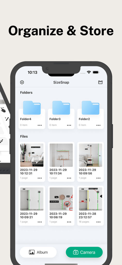 SizeSnap app interface showing folders and marked up photos of interior design projects with measurements