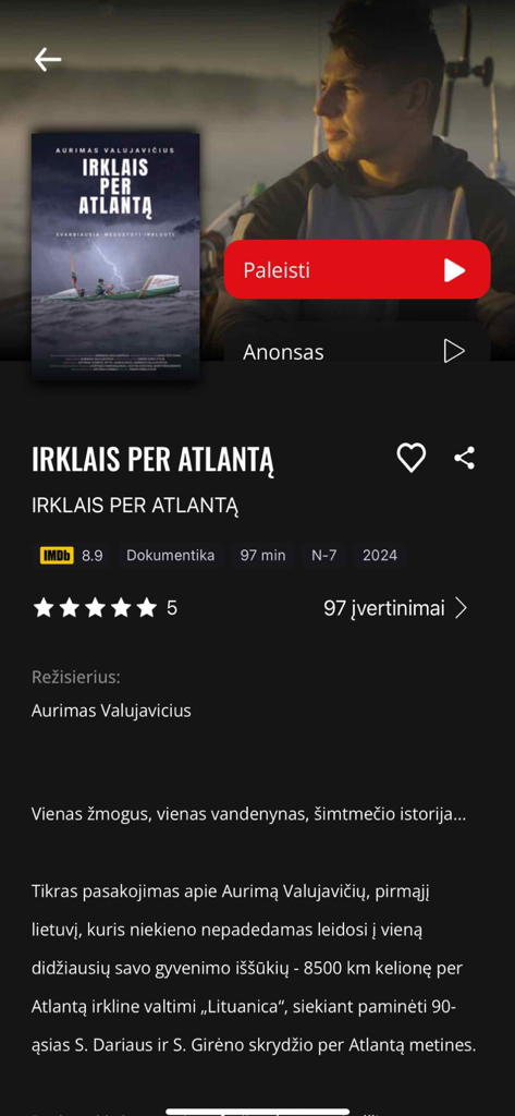 Movie details page for the Lithuanian documentary Irklais per Atlanta on the Zmones Cinema app.