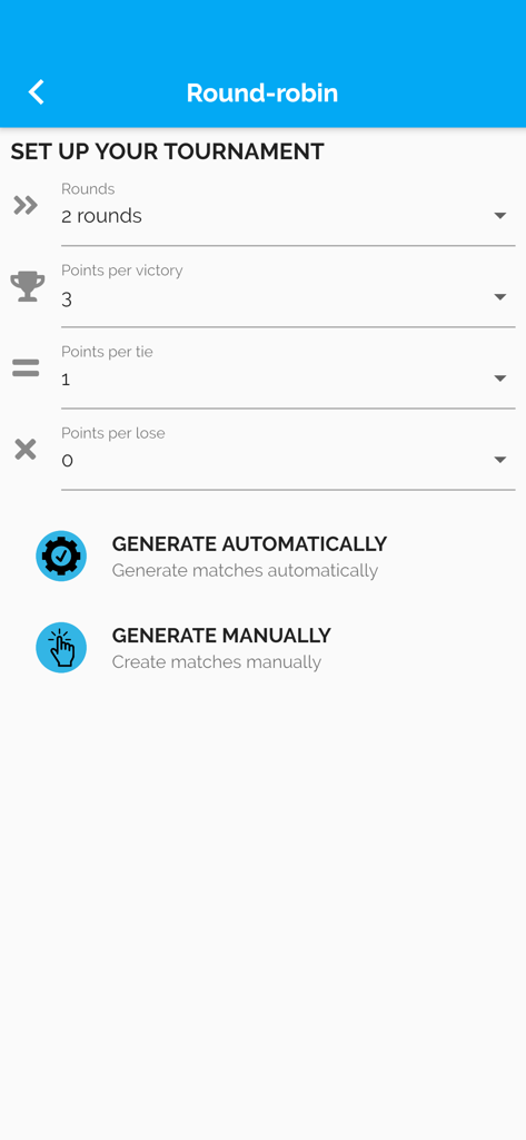My Tournaments - 勝利、引き分け、敗北のポイントと自動試合生成オプションを示すラウンドロビントーナメントセットアップ画面