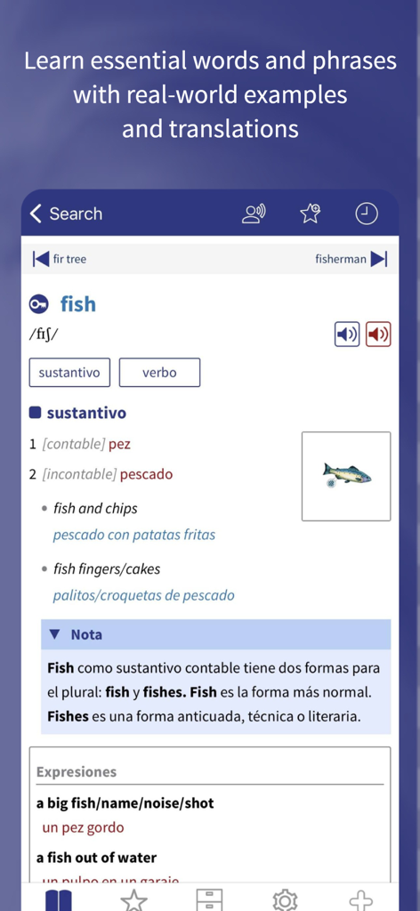 Oxford Learner’s Dictionaries - Oxford Learner’s Dictionary app entry for the word fish with English definitions and Spanish translations.