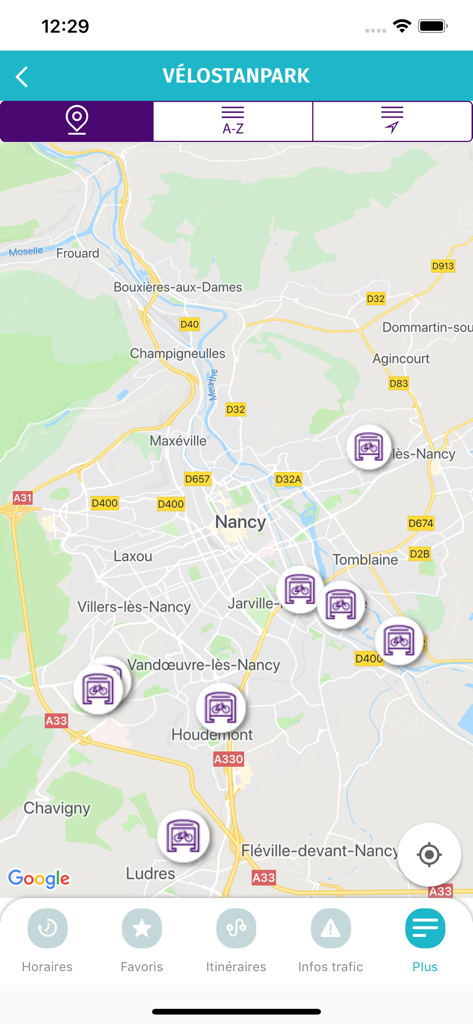 STAN - Map of Nancy showing Velostanpark bike parking locations in the STAN transit app