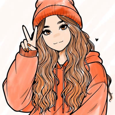 a teenage girl in a beanie, oversized sweatshirt, wavy long hair, and is showing a ✌️