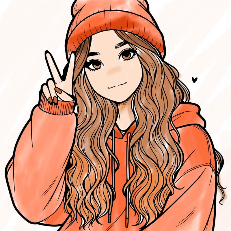 a teenage girl in a beanie, oversized sweatshirt, wavy long hair, and is showing a ✌️