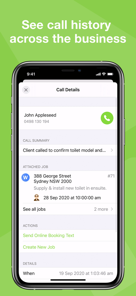 Pantalla de historial de llamadas de la aplicación ServiceM8 Phone con detalles de trabajos vinculados e información del cliente para un negocio de oficios.