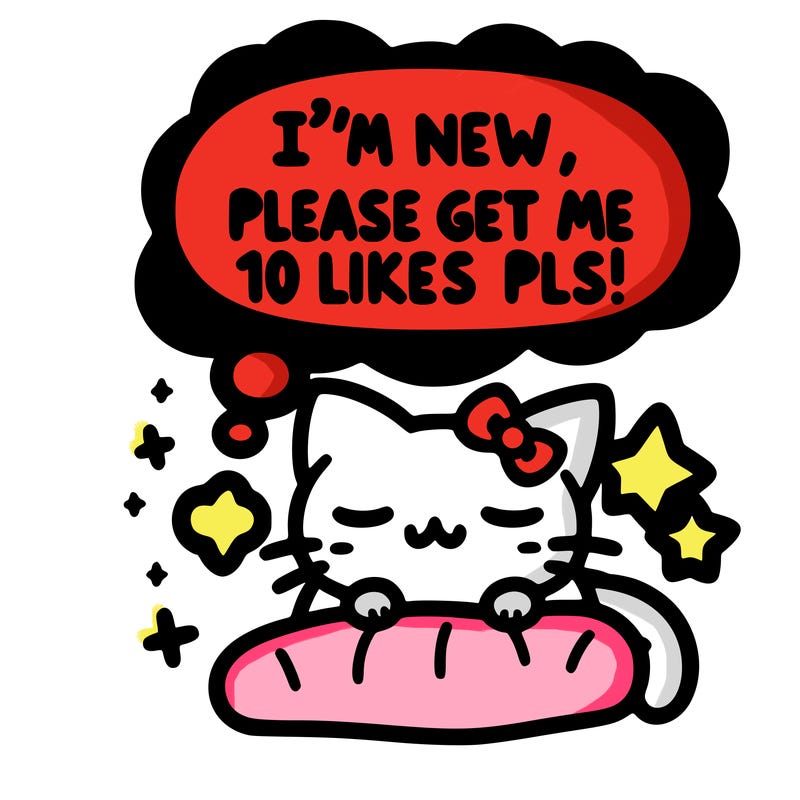 kitty taking a nap dream talking and saying "i'm new, please get me at least 10 likes pls!!"