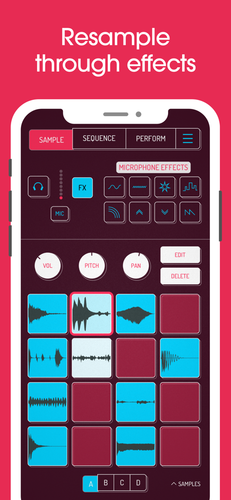 A smartphone screen displaying the Koala Sampler app interface with sample pads and microphone effects for beat making.