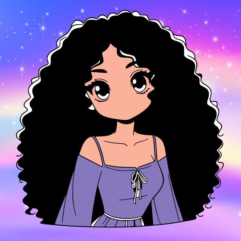 a black anime girl with long afro hair