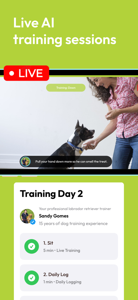 Dawgz AI - Health & Training - Interface showing a live AI dog training session with real-time technique feedback and a daily training schedule.