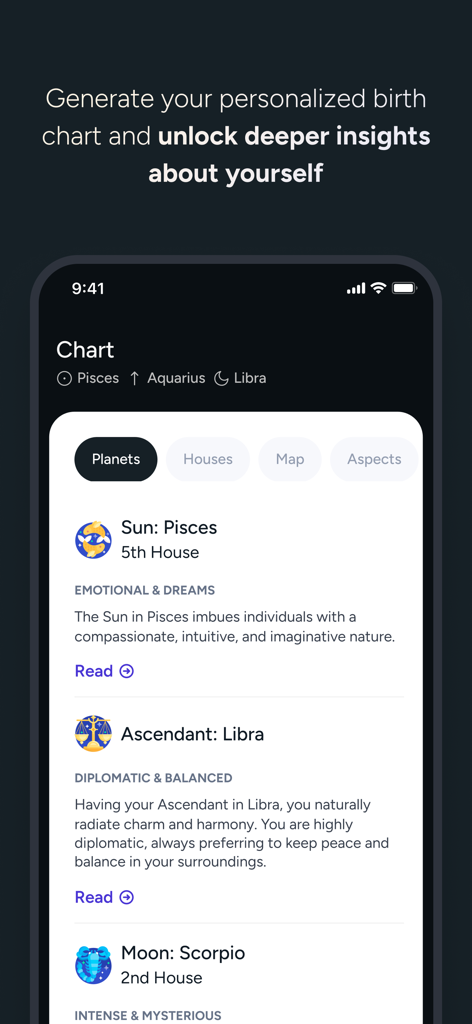 Captura de tela do aplicativo Stellium mostrando um mapa astral personalizado com análise planetária para as posições do Sol, Ascendente e Lua.