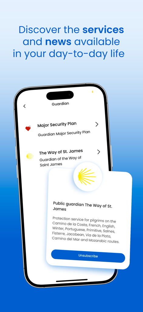 AlertCops app screen displaying the Guardian feature for pilgrim safety on the Way of Saint James