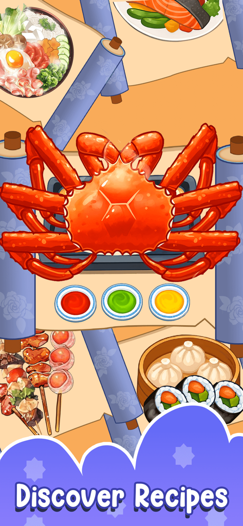 Varios alimentos, incluyendo un gran cangrejo rojo, sushi y dumplings, en el juego ASMR Chef.