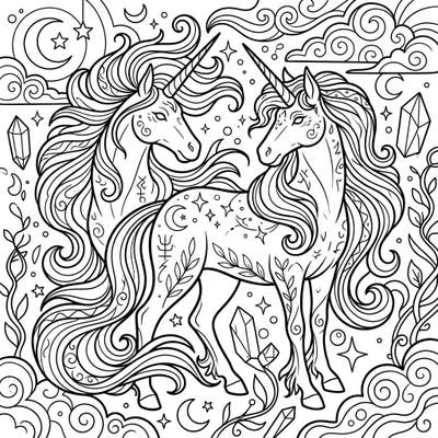 Discover the magic of two ancient and wise elder unicorns in this detailed coloring page designed for teens. Explore a world of fantasy as you bring these mystical creatures and their celestial surroundings to life.