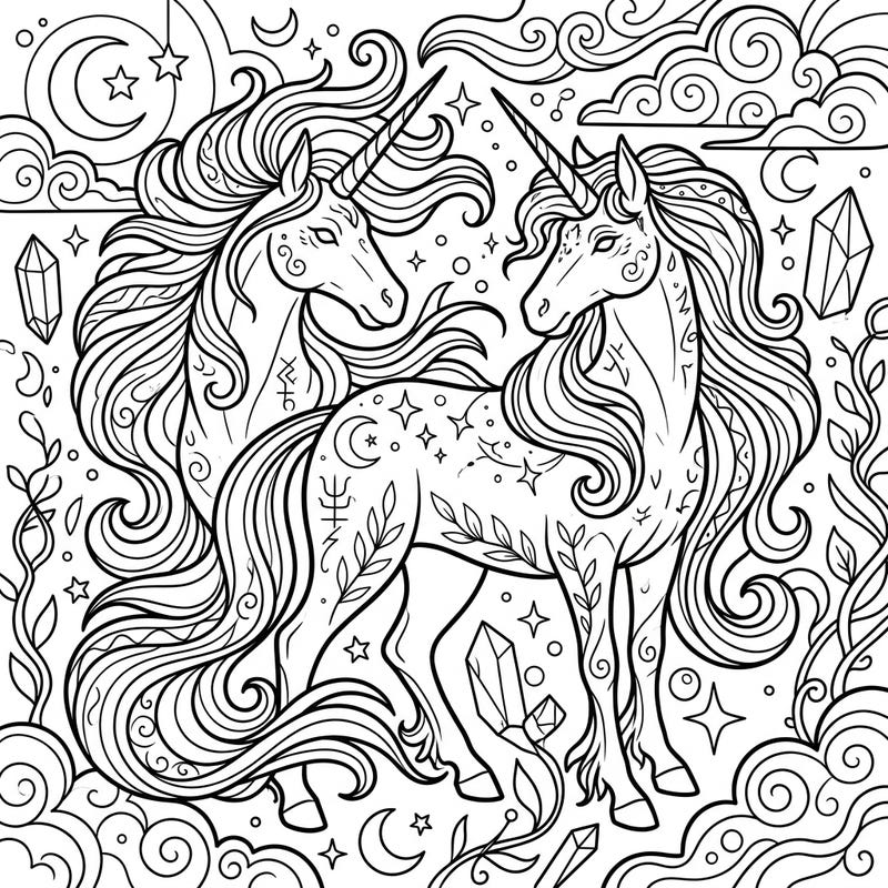 Discover the magic of two ancient and wise elder unicorns in this detailed coloring page designed for teens. Explore a world of fantasy as you bring these mystical creatures and their celestial surroundings to life.