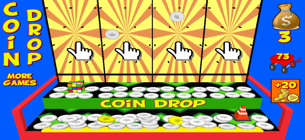Arcade Coin Drop - A retro arcade coin pusher game screen with coins and collectible prizes on moving shelves