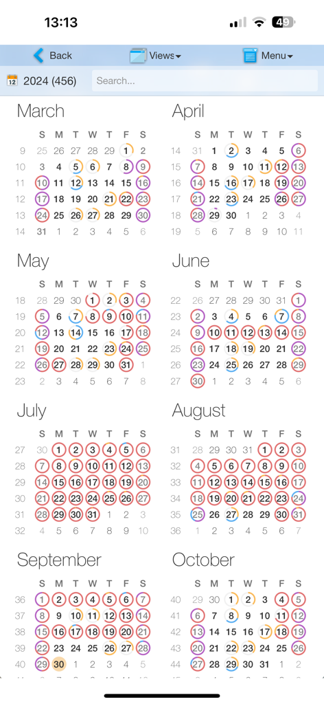 BGF InfoCenter - BGF InfoCenter app screenshot showing a yearly calendar view with specific community event dates circled in various colors