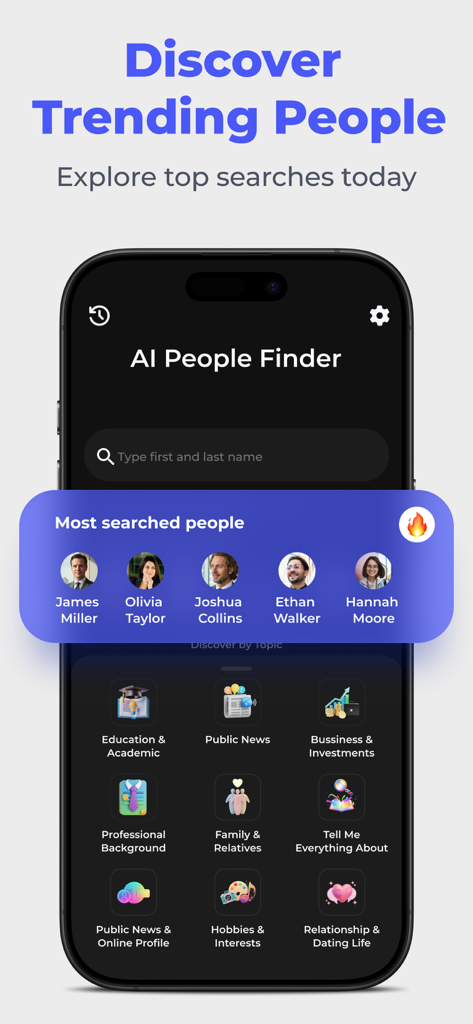 Interface of the AI People Finder app displaying trending searches and people search categories