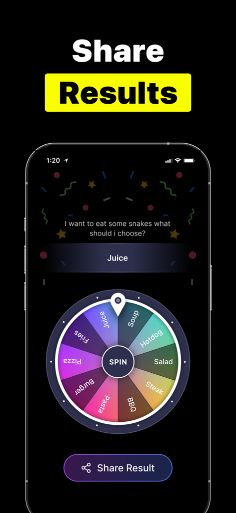 Wheel Spinner: Spin the Wheel - Wheel Spinner app interface showing a colorful decision wheel and a Share Result button