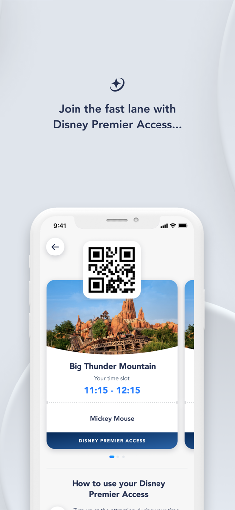 Écran de l'application Disneyland Paris affichant un code QR Disney Premier Access pour Big Thunder Mountain
