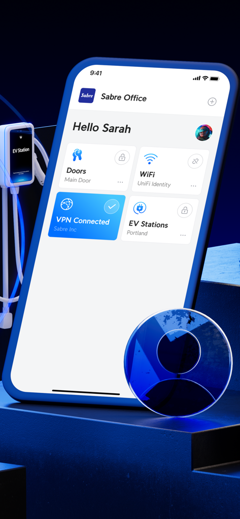 Tela do smartphone exibindo o painel do UniFi Identity Endpoint com status de acesso ao escritório e VPN.