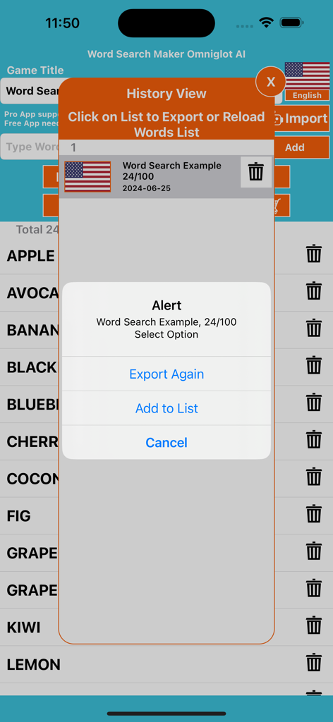 Vista de historial de la aplicación Word Search Maker que muestra una alerta emergente con opciones para exportar o agregar palabras a una lista