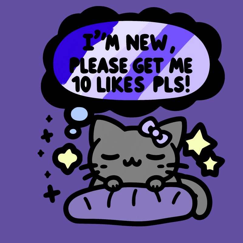 kitty taking a nap dream talking and saying "i'm new, please get me at least 10 likes pls!!"