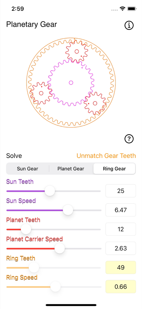 Planetary Gear Calculator - Planetengetriebe-Rechner-Oberfläche mit visueller Simulation und Parameter-Schiebereglern für mechanisches Design.