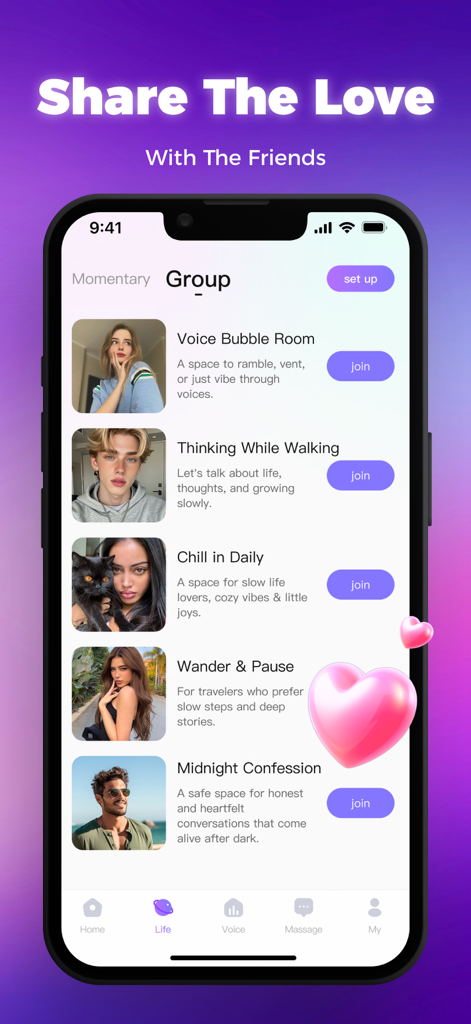UCOO-Real-Time Voice - Interface of the UCOO app showing various interest-based voice chat rooms and community groups