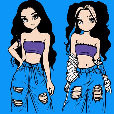 2 girls in crop tops and baggy jeans ripped