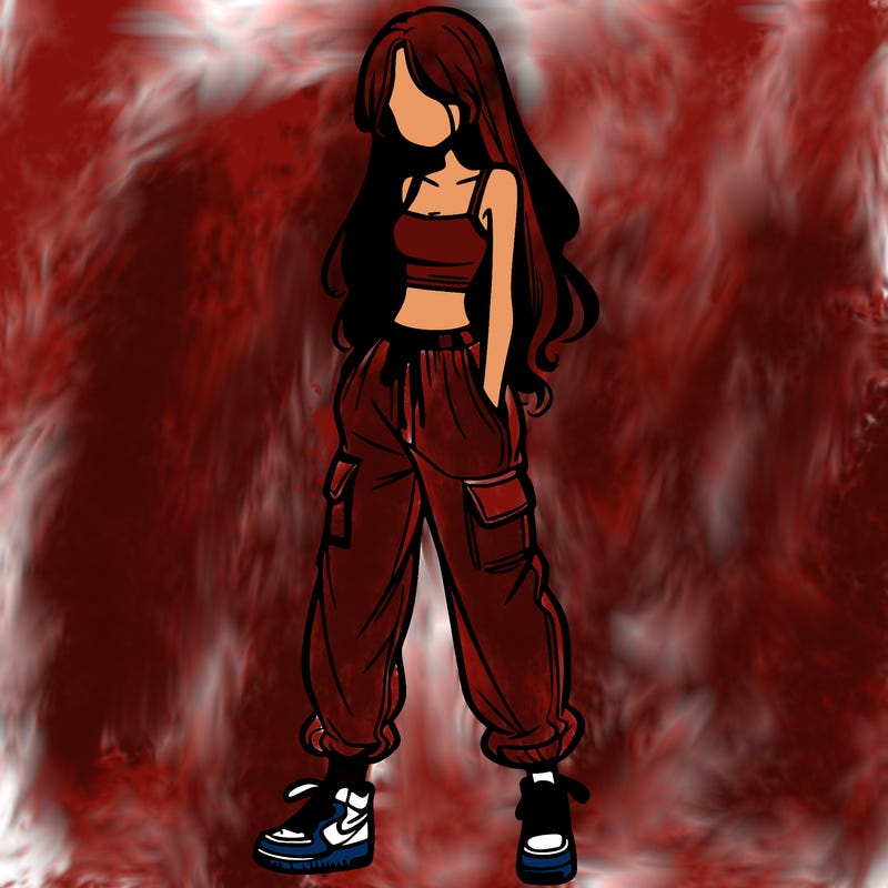 girl in baggy pants crop top and long hair