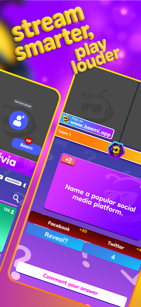 Beemi - Beemi mobile app interface showing an interactive social media trivia game for live streamers