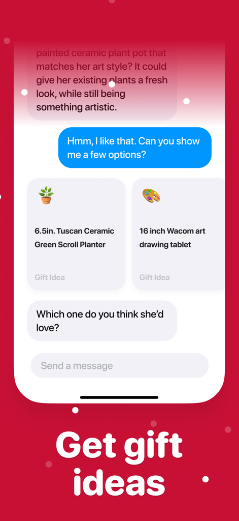 Giftible: Smart AI Gift Finder - Chat interface of the Giftible app showing an AI assistant providing personalized gift suggestions like a ceramic planter and a drawing tablet