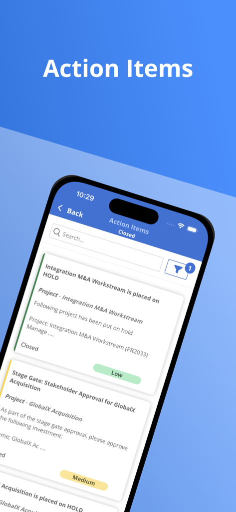 Clarity by Broadcom - Ein mobiler Bildschirm aus der Clarity von Broadcom App, der eine Liste von Projektaktionspunkten anzeigt.