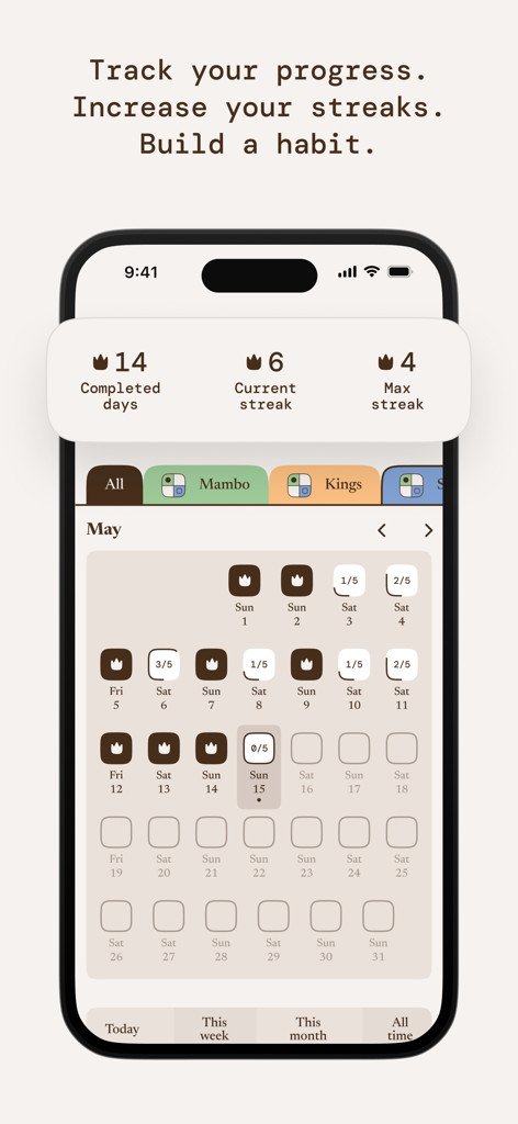 The Almanac app habit tracker displaying daily streaks and a monthly progress calendar