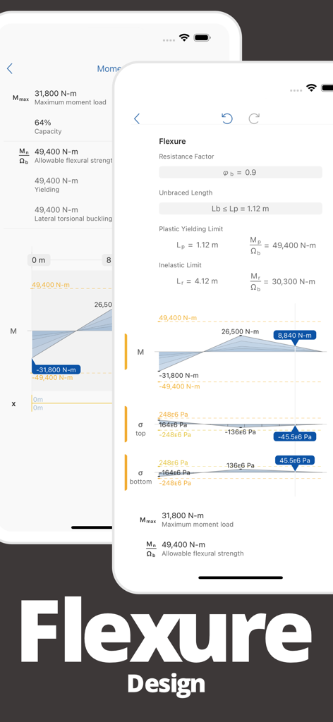 Deflection Pro app interface displaying flexure design calculations and structural analysis diagrams