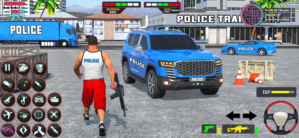 US Police Car Transport Game - A game character standing next to a blue police SUV and transporter truck in an urban setting.